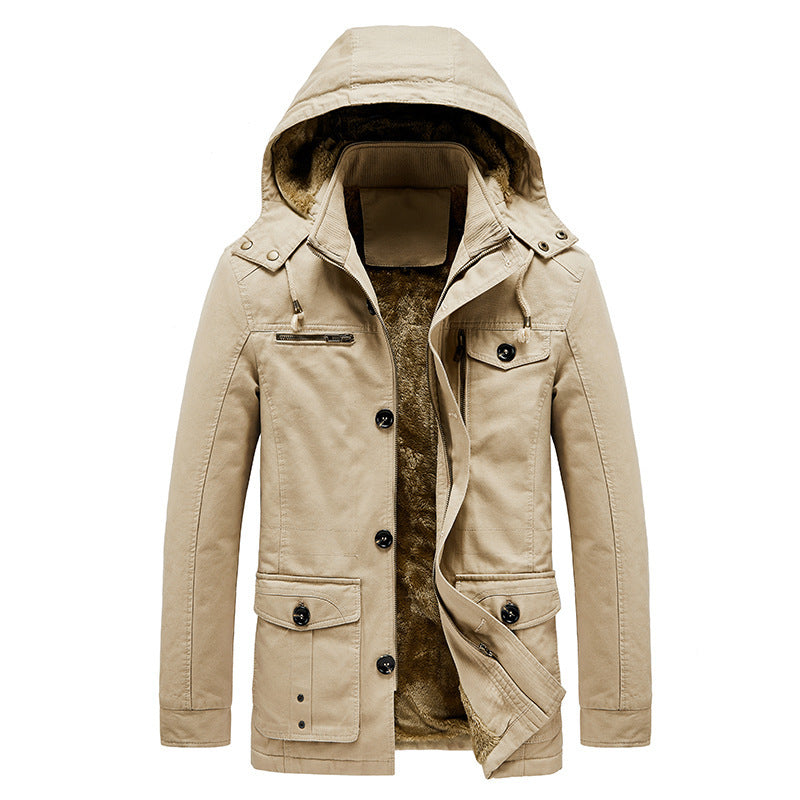 Herren gefütterter Kapuzenparka im Canvas‑Look mit Teddyfutter und Multifunktions‑Taschen Echoarchiv