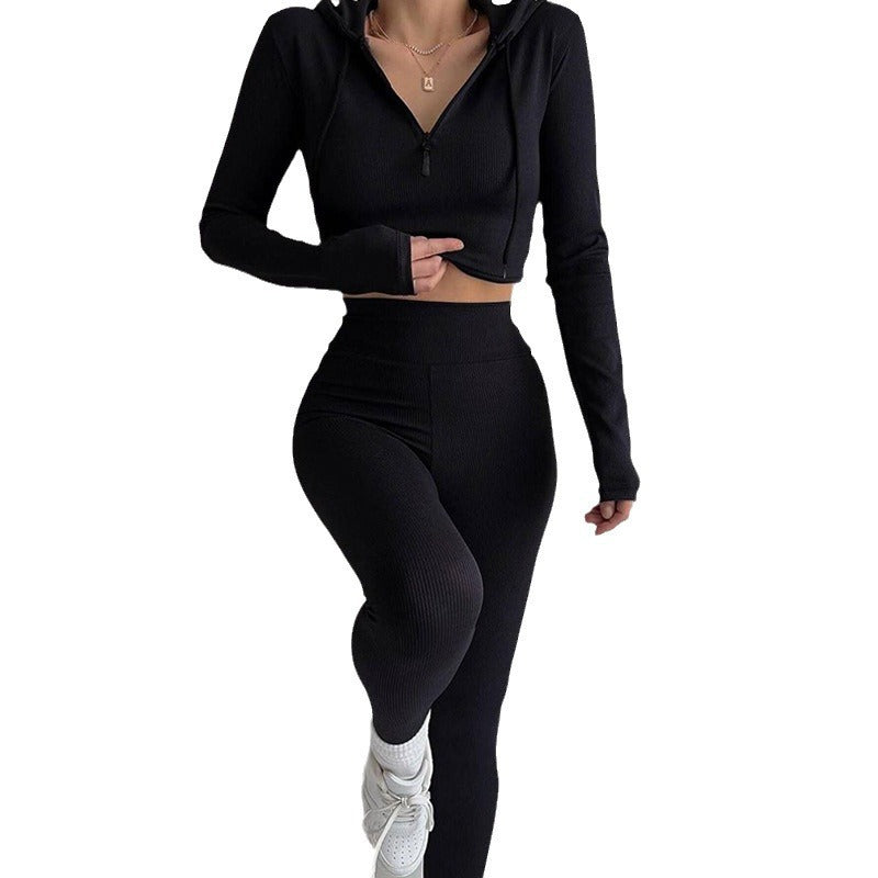 Damen geripptes Lounge-Set mit halbem Reißverschluss und hoher Taille – Élanora