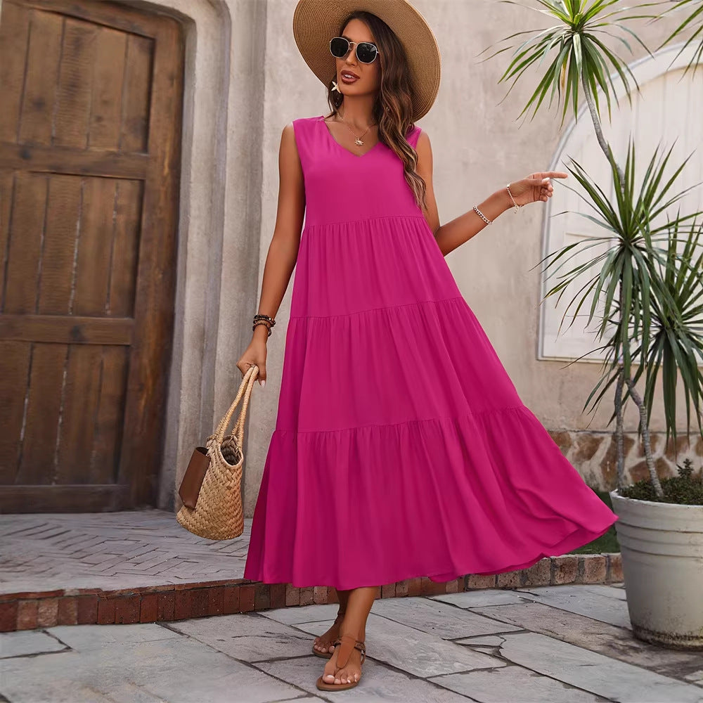Damen Elegantes Sommer-Maxi-Kleid mit voluminösem Rock und V-Ausschnitt Echo Archiv