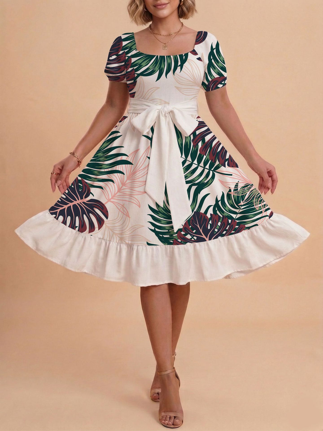 Damen Midikleid mit verspieltem Druck und tailliertem Schnitt Echo Archiv