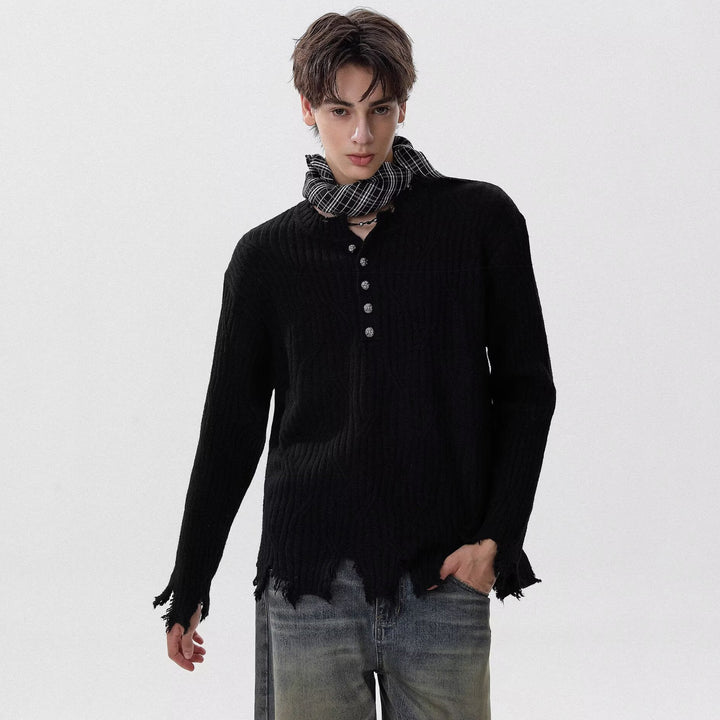 Herren Lässiger Grobstrickpullover mit Knopfleiste und rissigem Saum Echoarchiv