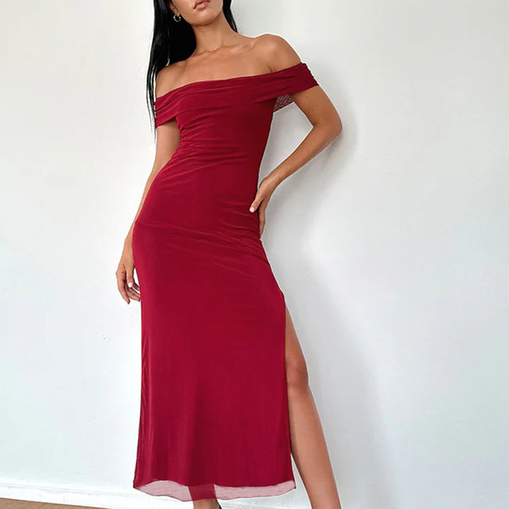 Damen elegantes schulterfreies Maxikleid mit fließendem Stoff und raffinierter Drapierung Echo Archiv