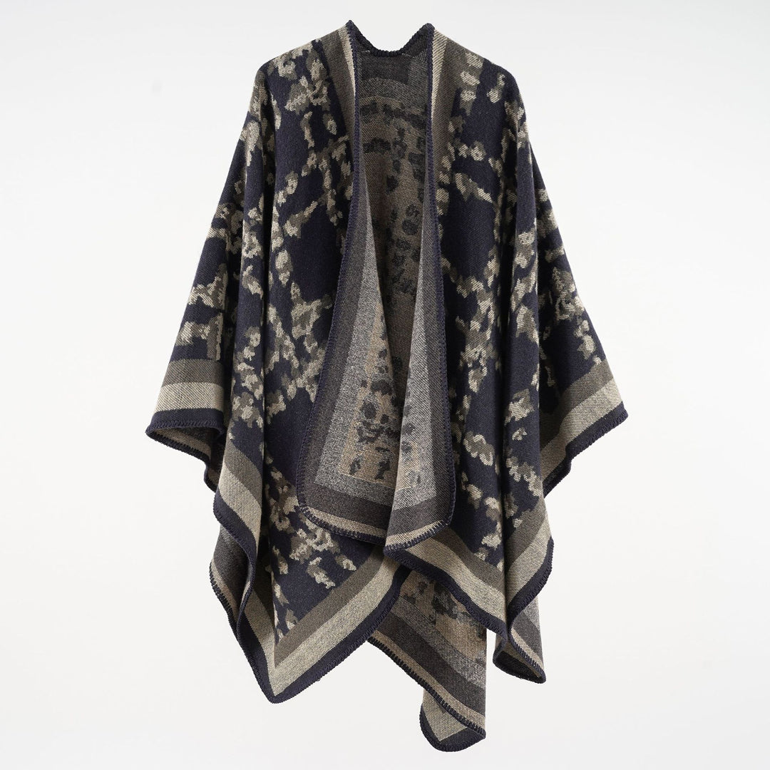 Damen Wollmix-Umhang mit jacquardgewebtem Aquarelldruck und offener Kimono-Silhouette – Montévia