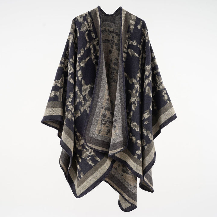 Damen Wollmix-Umhang mit jacquardgewebtem Aquarelldruck und offener Kimono-Silhouette – Montévia