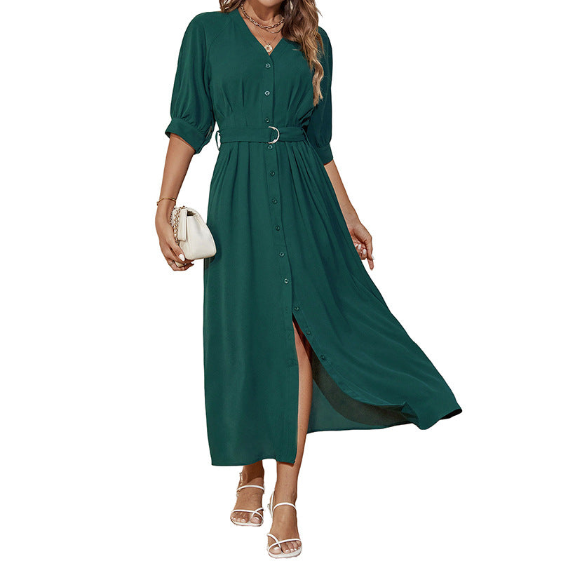 Damen Midikleid mit durchgehender Knopfleiste, V-Ausschnitt und D-Ring-Taillengürtel Echoarchiv