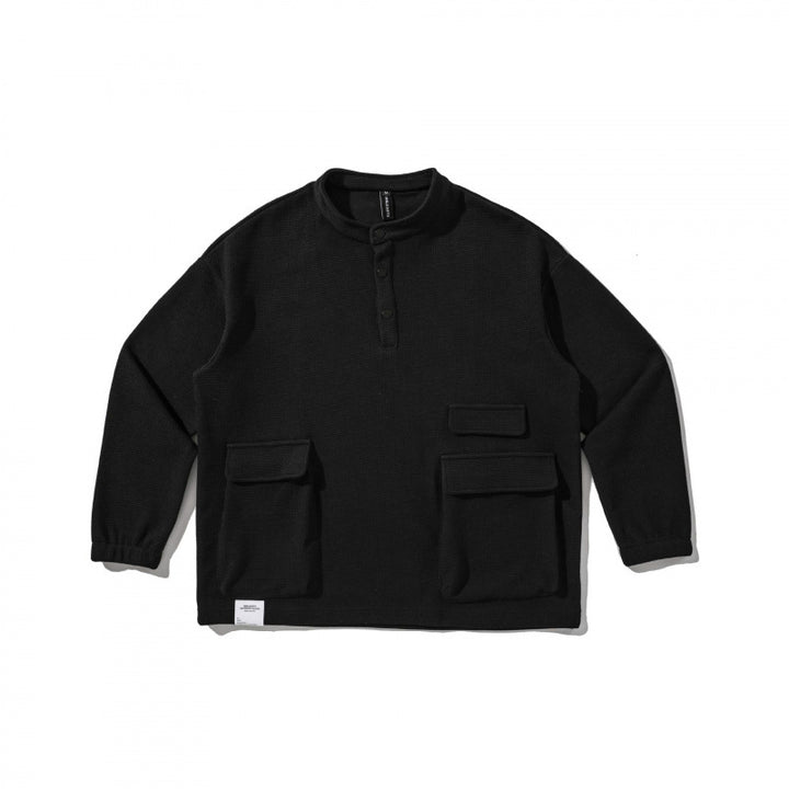 Unisex Oversize Waffelstrick-Henley-Sweatshirt mit Stehkragen, Druckknopfleiste und Utility-Taschen Echo Archiv