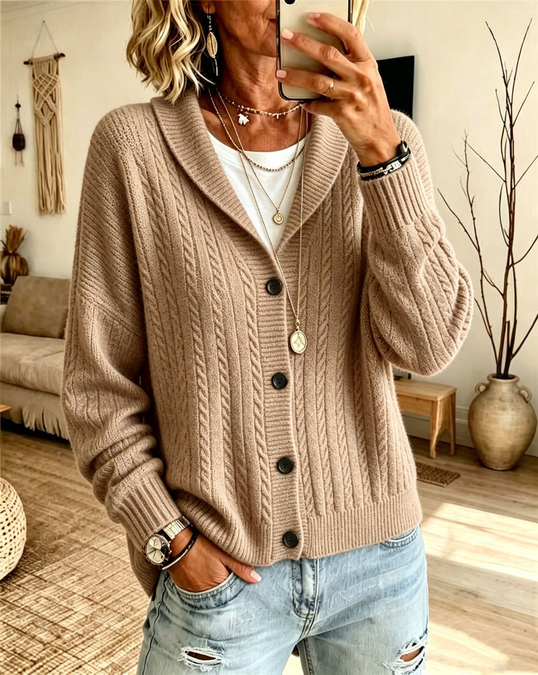 Damen Langer Schalkragen-Cardigan aus Zopfmuster mit gerippten Bündchen – Veloura