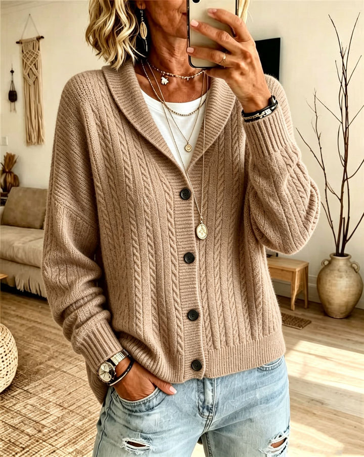 Damen Langer Schalkragen-Cardigan aus Zopfmuster mit gerippten Bündchen – Veloura