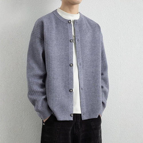 Herren Locker geschnittene Strukturstrick-Cardigan mit Rundhals und Knopfleiste Echo Archiv