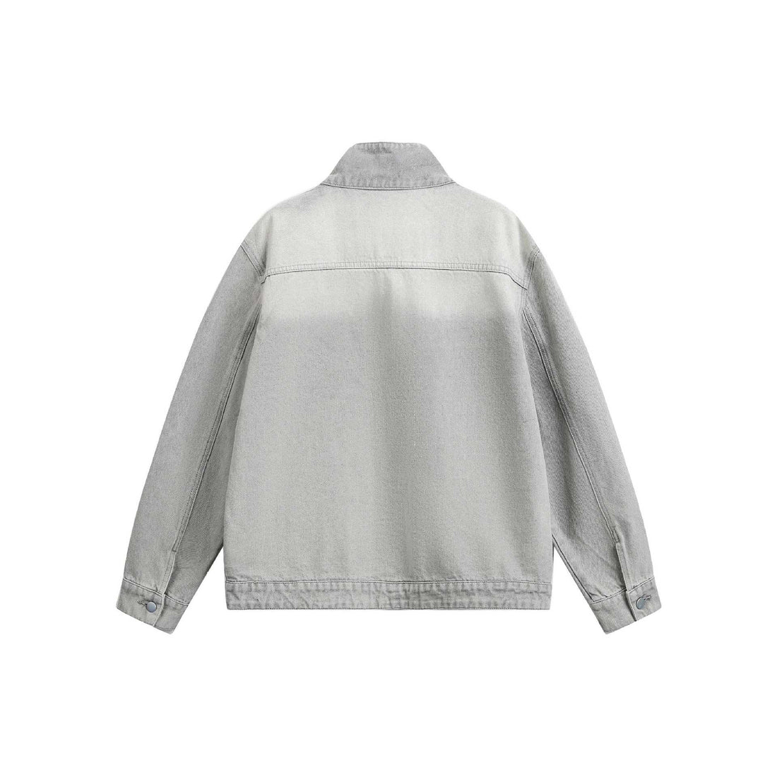 Unisex Boxy-Jeansblouson mit asymmetrischer Druckknopfblende und hohem Stehkragen Echoarchiv