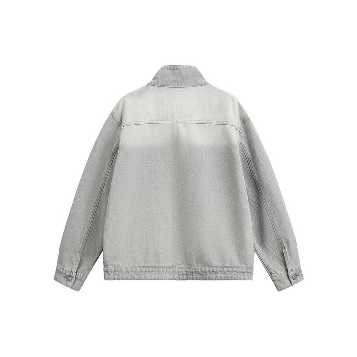 Unisex Boxy-Jeansblouson mit asymmetrischer Druckknopfblende und hohem Stehkragen Echoarchiv