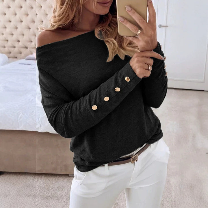 Damen Offshoulder Feinstrickpullover mit Zierknopfleiste an den Ärmeln – Mavelle
