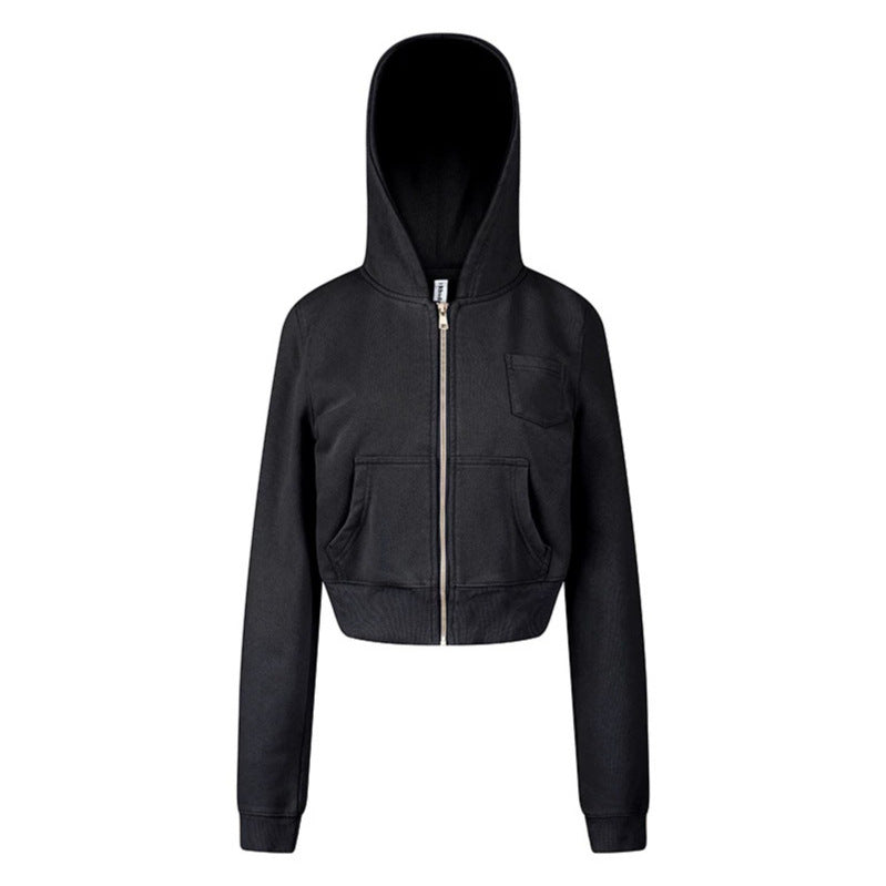 Damen Kurz geschnittene Kapuzen-Sweatjacke mit durchgehendem Reißverschluss im Boxy-Schnitt und Brusttasche Echoarchiv