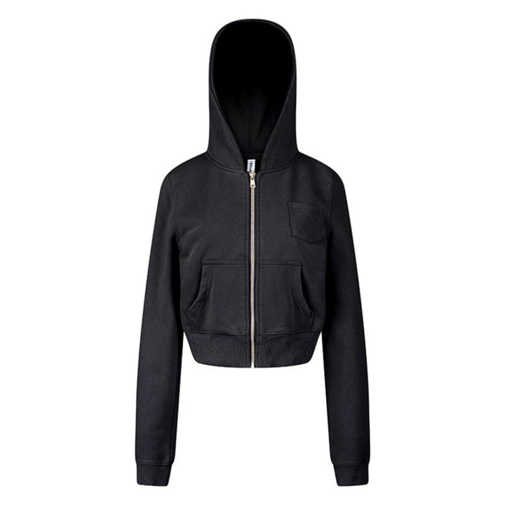 Damen Kurz geschnittene Kapuzen-Sweatjacke mit durchgehendem Reißverschluss im Boxy-Schnitt und Brusttasche Echoarchiv