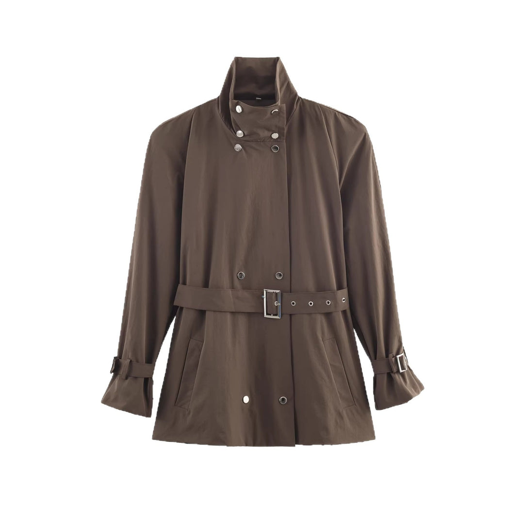 Damen Kurz geschnittener taillierter Trenchcoat mit Stehkragen und Bindegürtel Echoarchiv