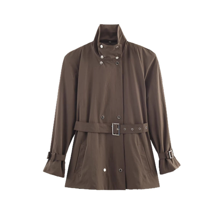 Damen Kurz geschnittener taillierter Trenchcoat mit Stehkragen und Bindegürtel Echoarchiv
