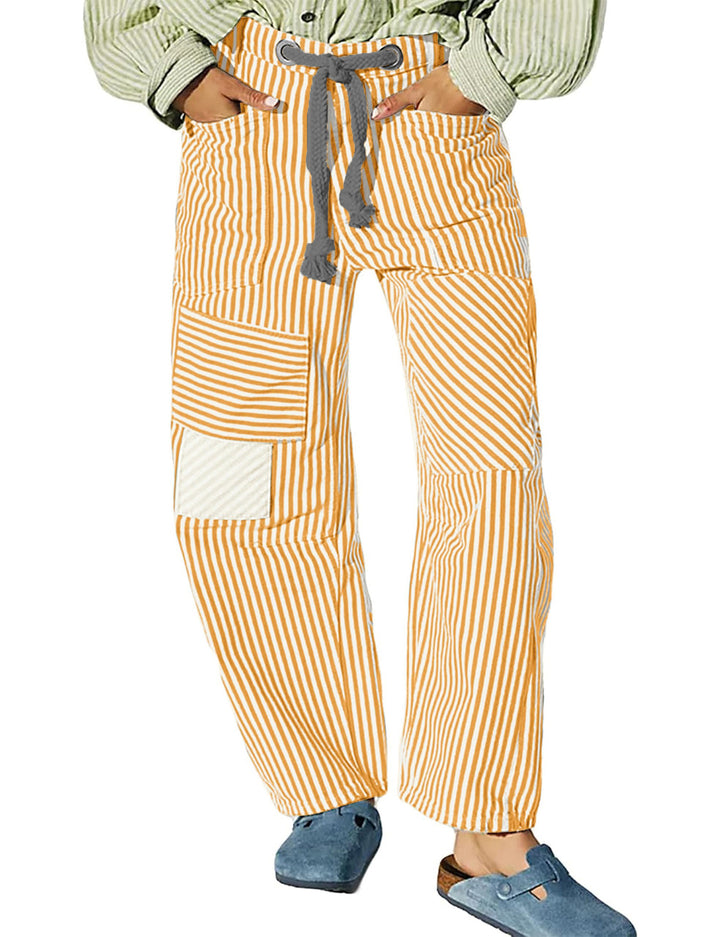 Damen nan lässige gestreifte Leinenhose mit Kordelzug und aufgesetzten Taschen Echo Archiv