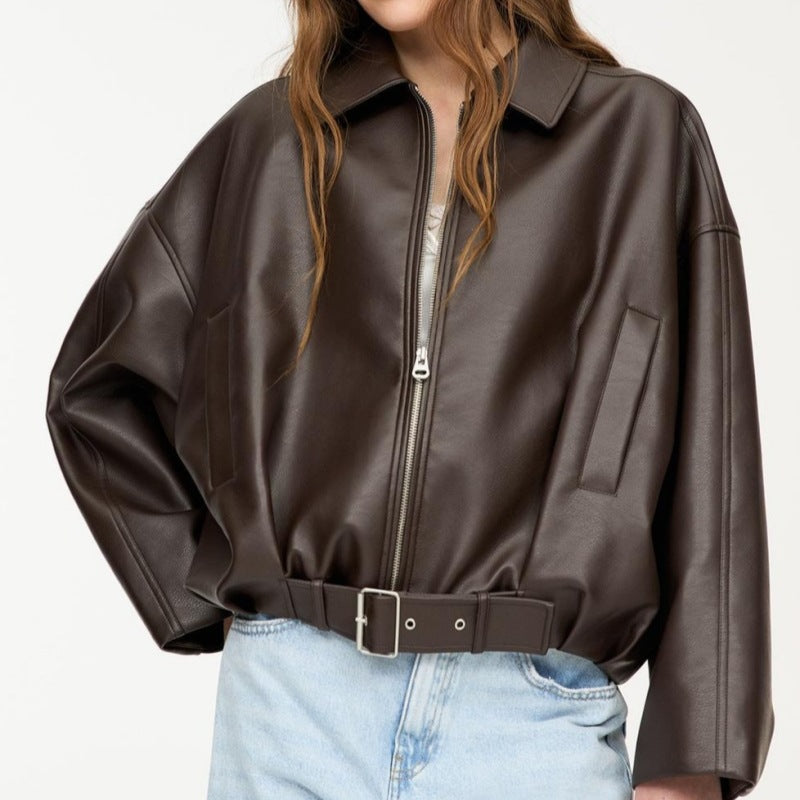 Damen Oversized Lederimitat-Blouson mit Taillengürtel Echo Archiv