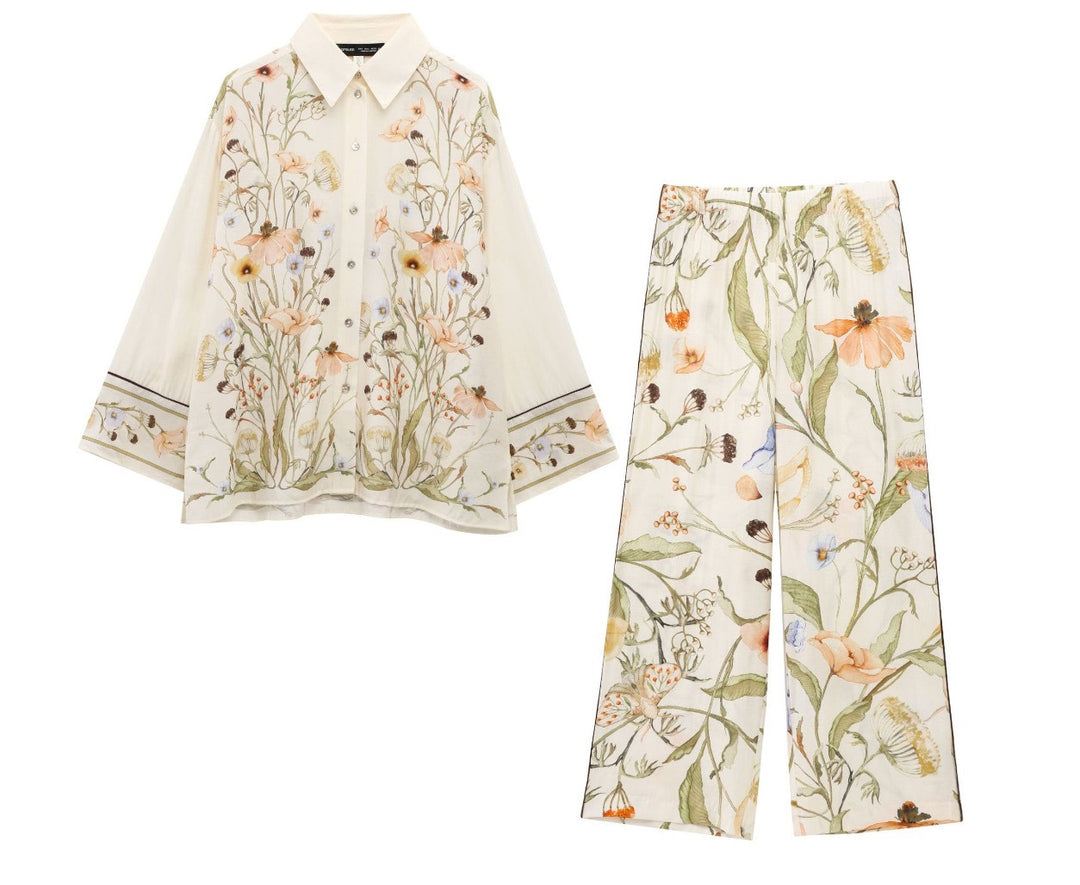 Damen nan weite Leinenhose mit hohem Bund, Palazzoschnitt und floraler Aquarell-Print Echo Archiv