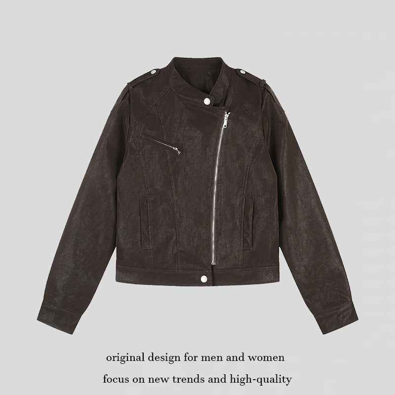 Damen Kurz geschnittene Bikerjacke aus Kunstleder mit asymmetrischem Reißverschluss Echoarchiv