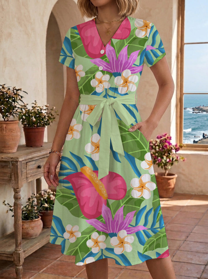 Damen Midi Kleid mit floralen Akzenten und tailliertem Schnitt Echo Archiv