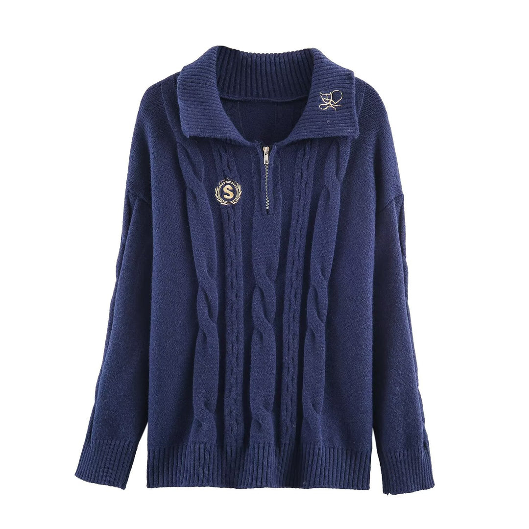 Damen Oversize Zopfstrick-Pullover mit halbem Reißverschluss und Schalkragen Echoarchiv