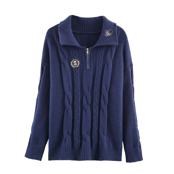 Damen Oversize Zopfstrick-Pullover mit halbem Reißverschluss und Schalkragen Echoarchiv