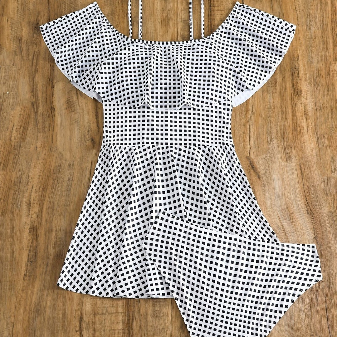 Damen Badeanzug-Set mit Rüschendetails und elegantem Karomuster Echo Archiv