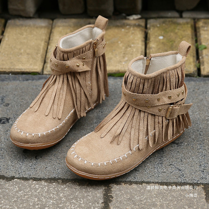 Damen Boho-Fransen-Ankleboots im Mokassinstil mit Nietenbesatz und Zierschnalle Echo Archiv