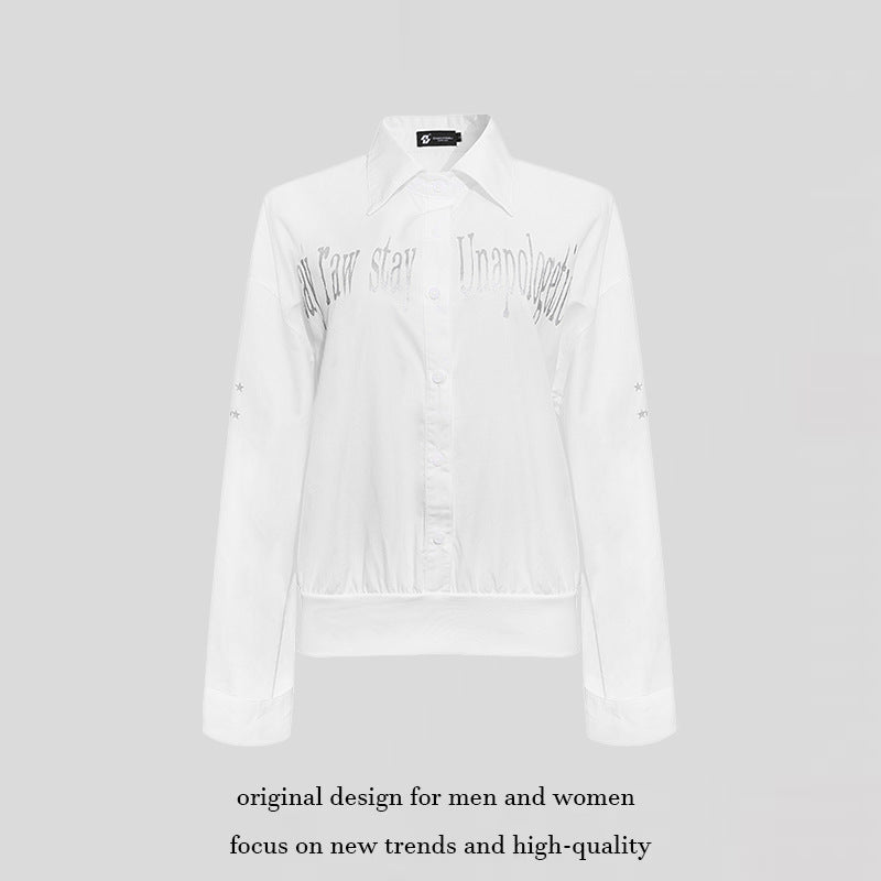 Damen Hemdbluse mit elastischem Saum, Button-Down und Schriftzug-Detail Echoarchiv