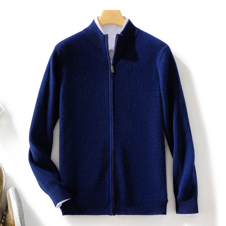 Herren Feiner Struktur-Strickjacke mit Stehkragen und durchgehendem Reißverschluss Echoarchiv