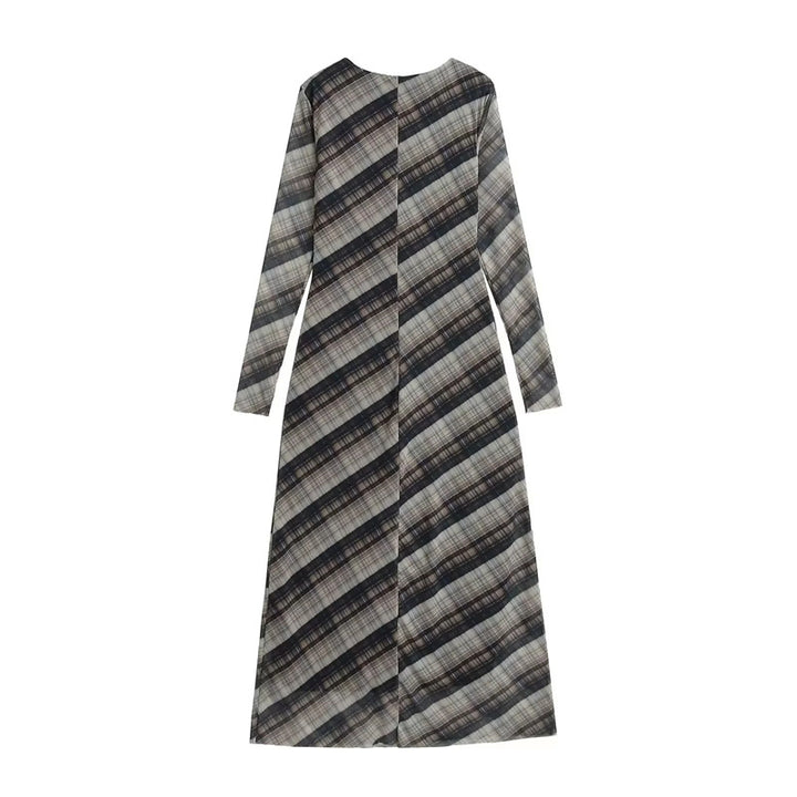 Damen nan langes Maxikleid mit diagonalem Karomuster, Rundhalsausschnitt und langem Ärmel Echo Archiv