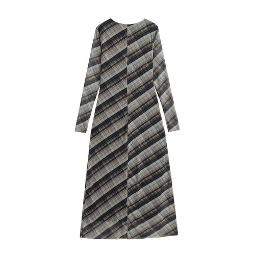 Damen nan langes Maxikleid mit diagonalem Karomuster, Rundhalsausschnitt und langem Ärmel Echo Archiv