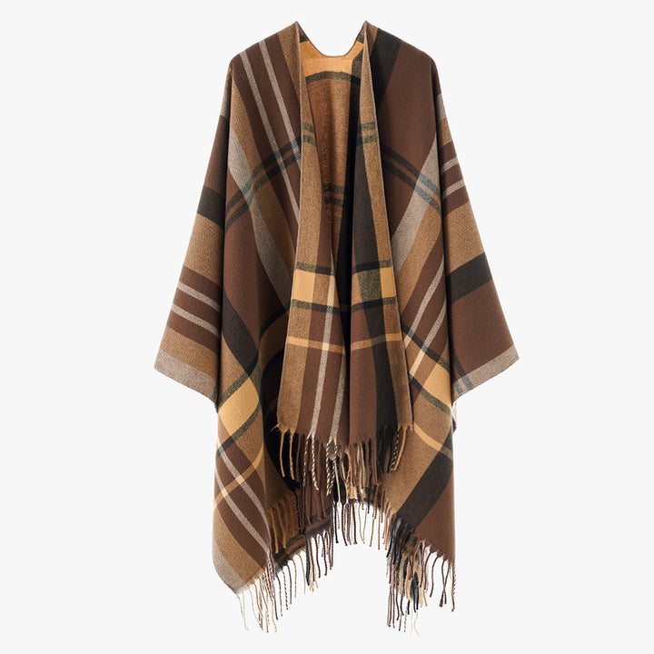 Damen Oversize Karierter Fransen-Poncho aus weichem Strick – Avérine