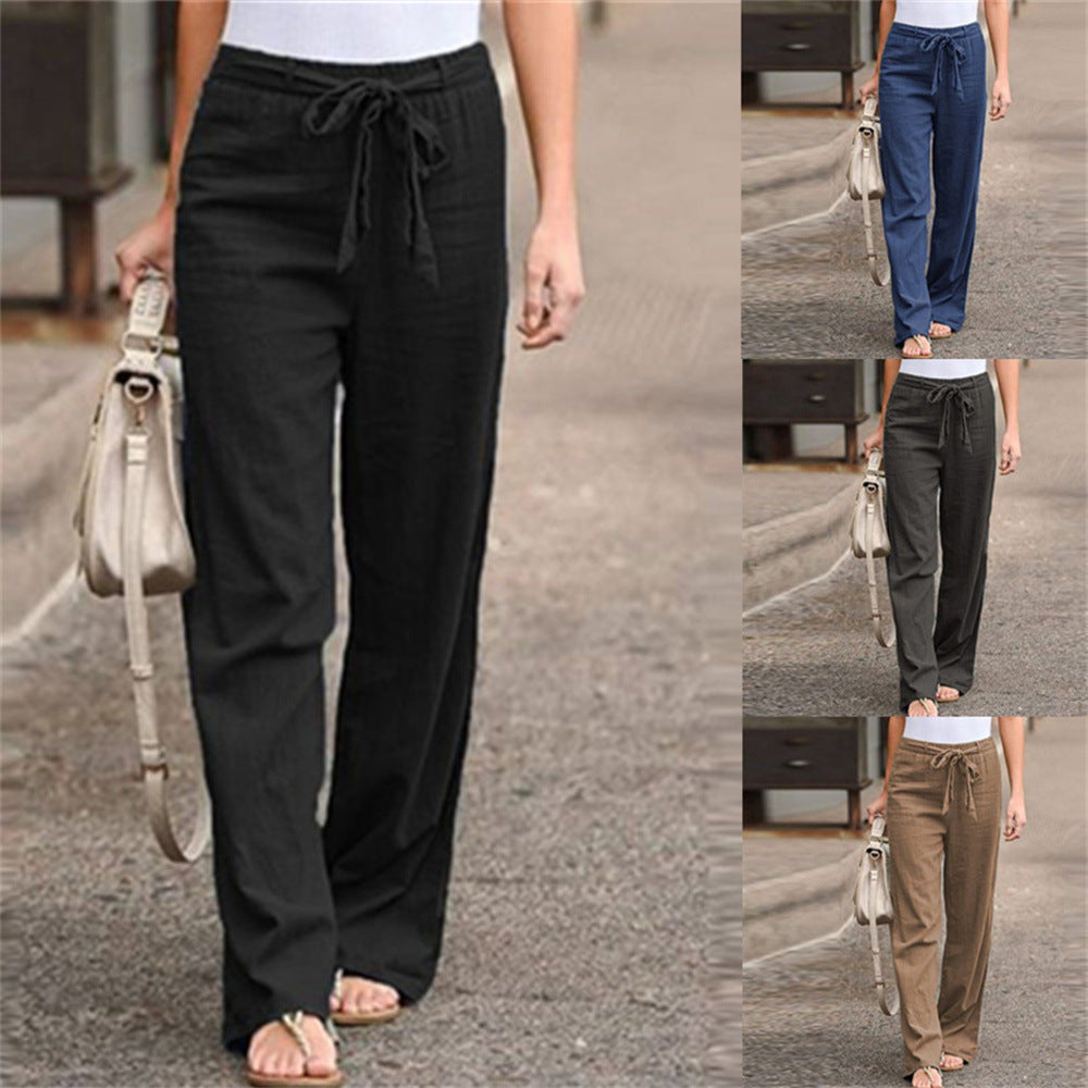 Damen nan weite Leinenhose mit Tunnelzugbund, geradem Bein und Eingrifftaschen Echo Archiv
