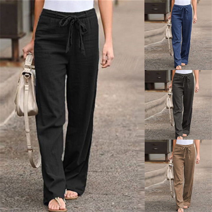 Damen nan weite Leinenhose mit Tunnelzugbund, geradem Bein und Eingrifftaschen Echo Archiv
