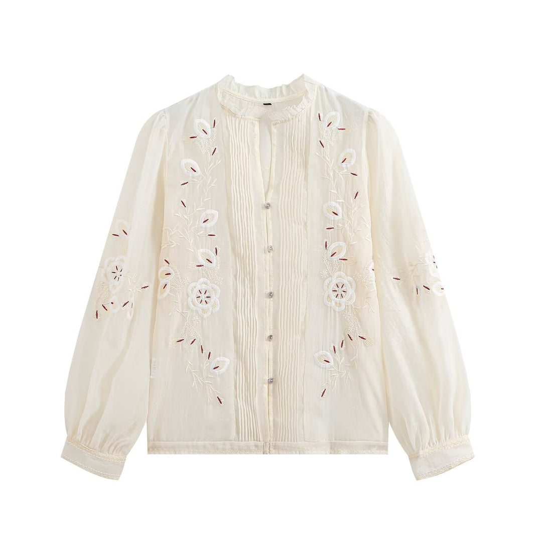 Damen Bestickte Chiffon-Bluse mit Plisseefront und Ballonärmeln Echoarchiv
