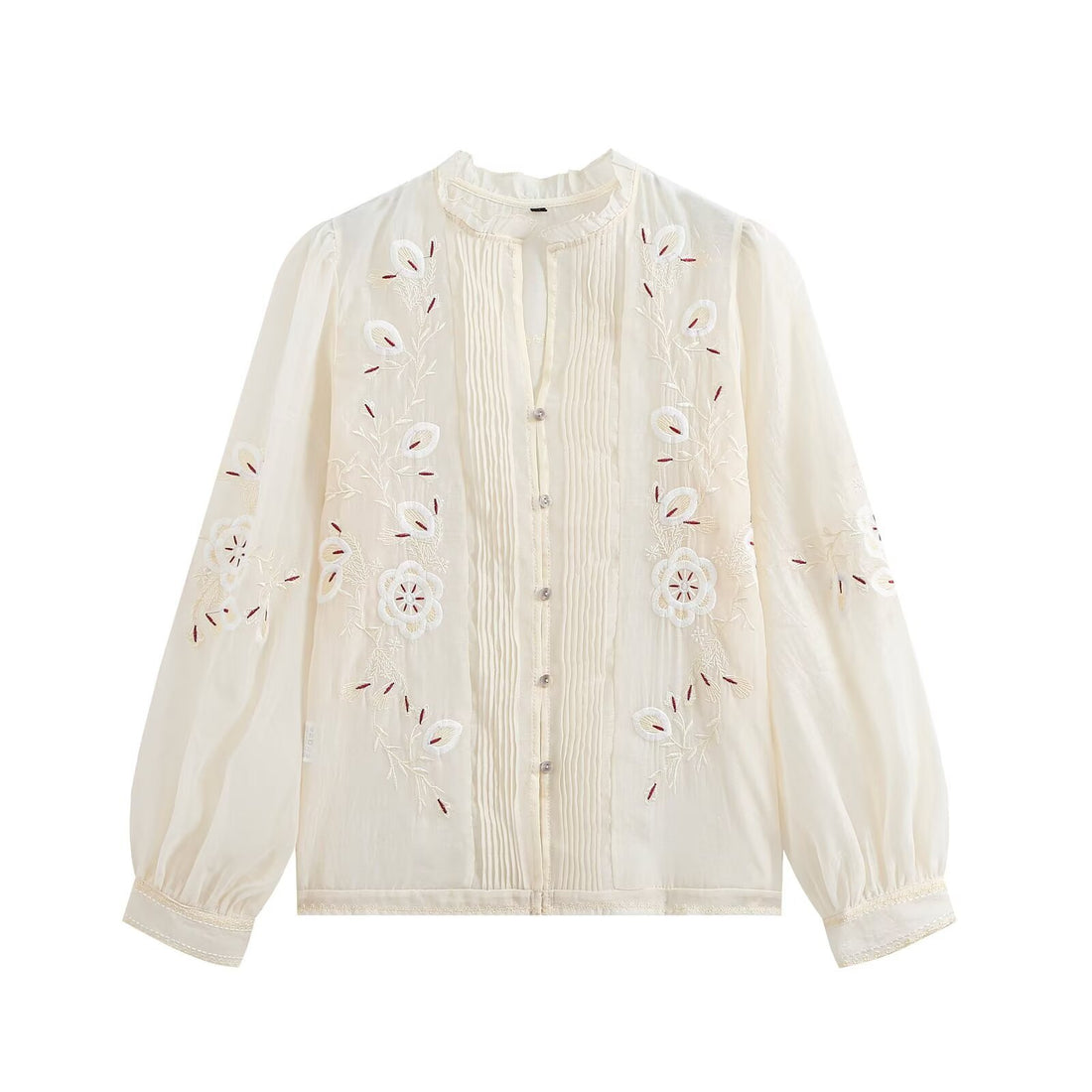 Damen Bestickte Chiffon-Bluse mit Plisseefront und Ballonärmeln Echoarchiv