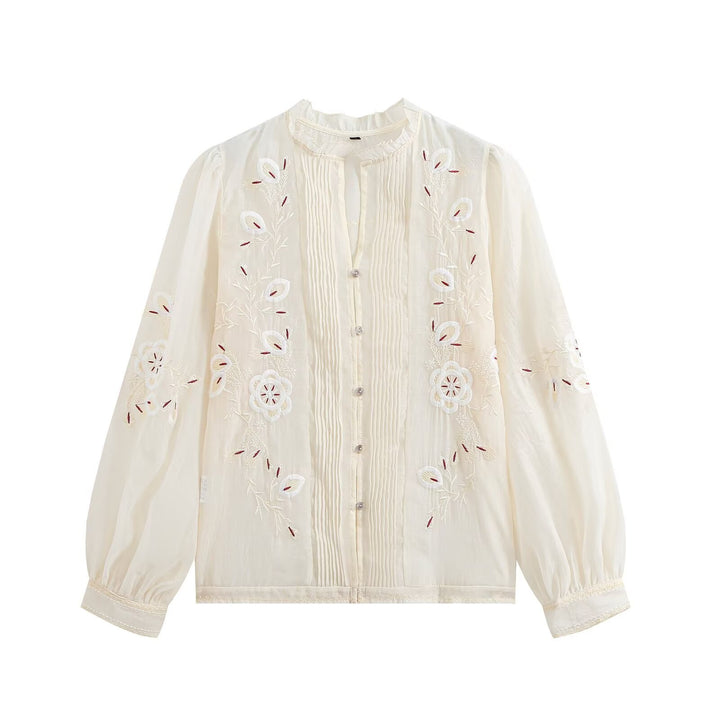 Damen Bestickte Chiffon-Bluse mit Plisseefront und Ballonärmeln Echoarchiv