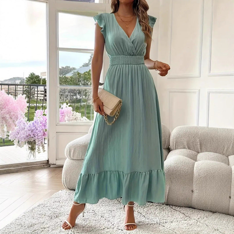 Damen Maxikleid mit voluminösen Rüschenärmel und elegantem Bund – Valéora