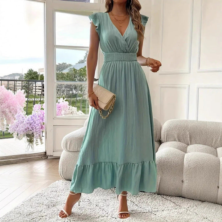 Damen Maxikleid mit voluminösen Rüschenärmel und elegantem Bund – Valéora