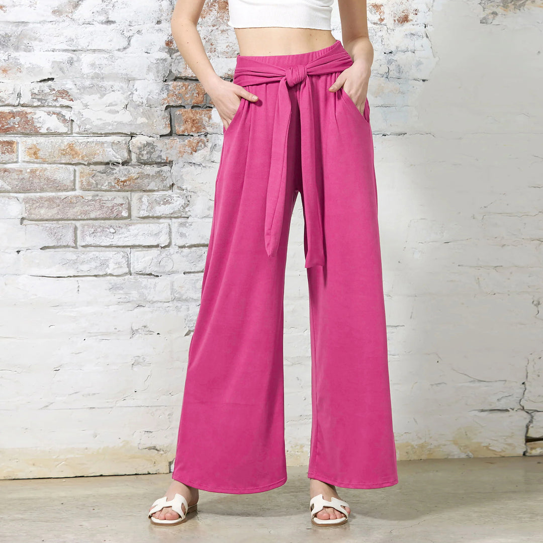 Damen Hochtaillierte Weite Palazzo-Hose mit Selbstbindendem Taillenbund und Seitentaschen – Avélisse