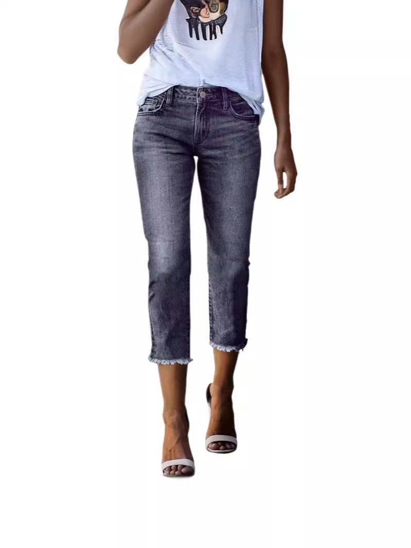 Damen nan gerade geschnittene Jeanshose in verkürzter Länge mit ausgefranstem Saum Echo Archiv