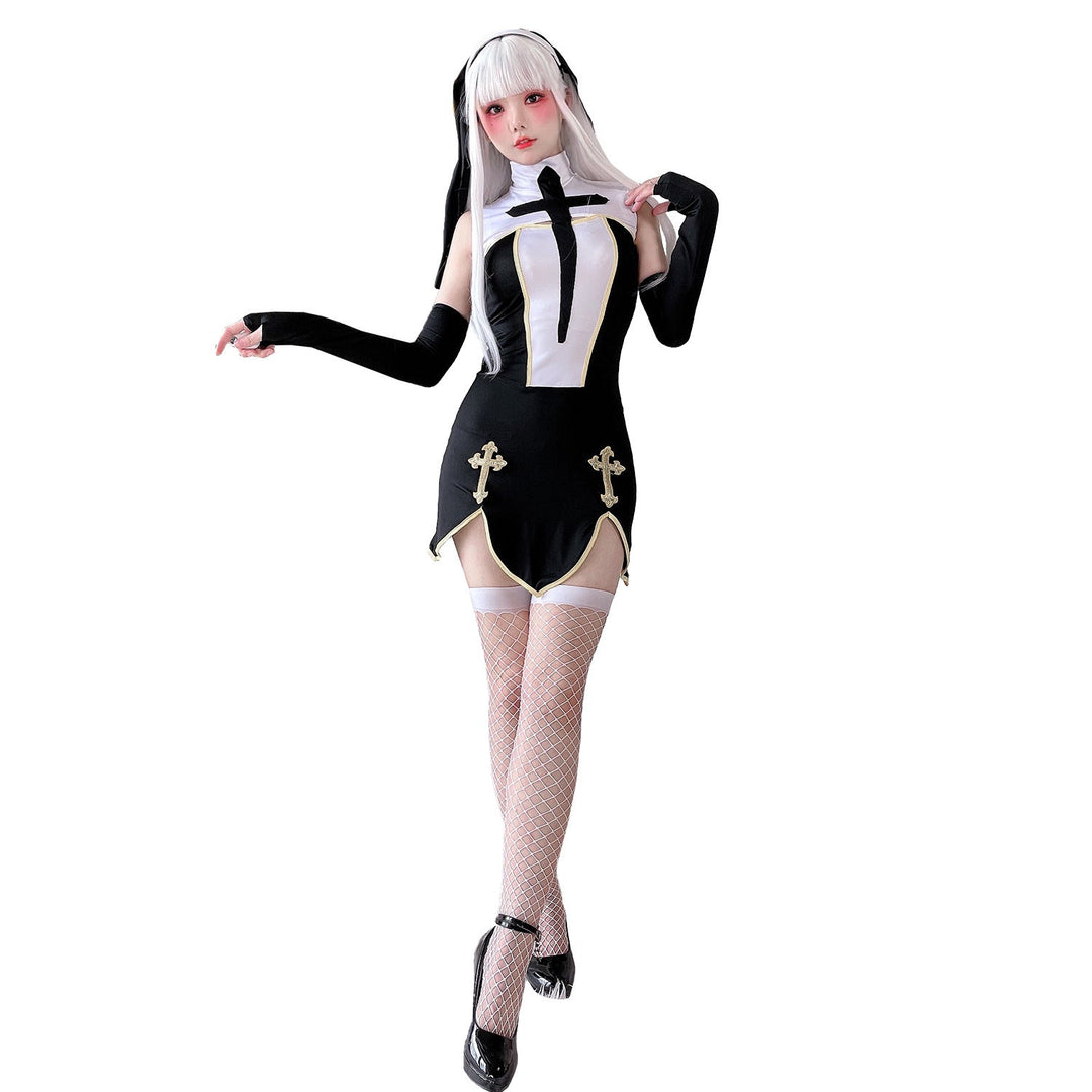 Damen Gothic Minikleid mit Spitzenärmeln und Kreuzdetails Echo Archiv