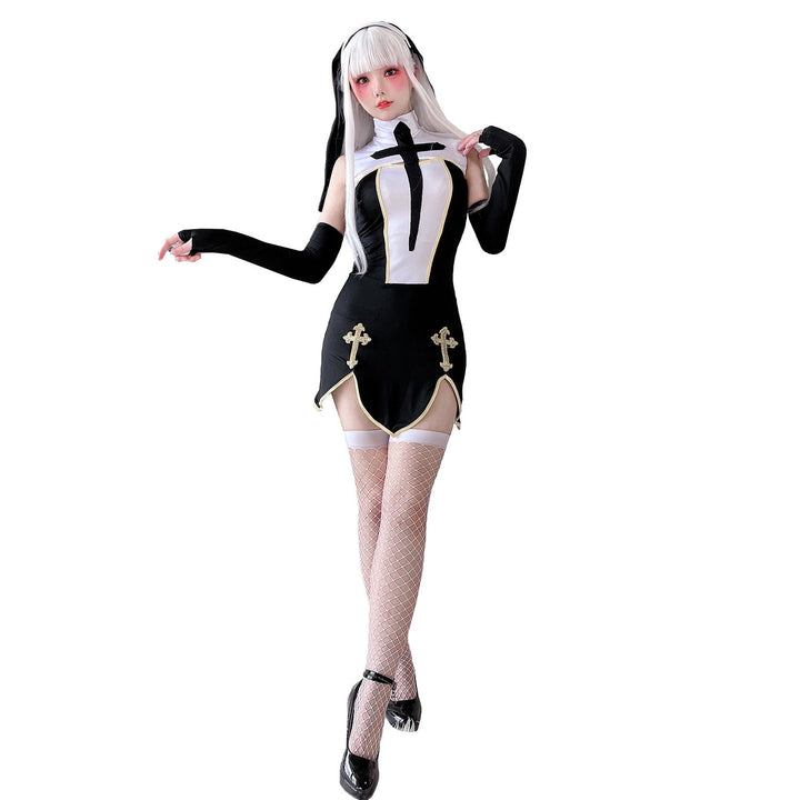 Damen Gothic Minikleid mit Spitzenärmeln und Kreuzdetails Echo Archiv