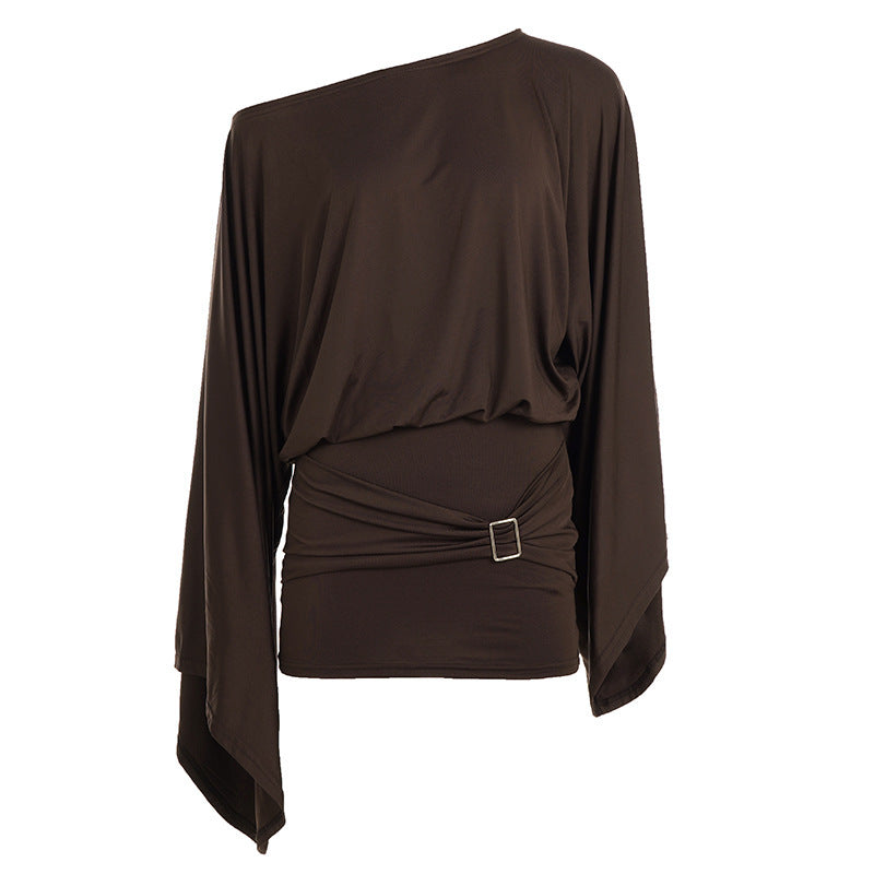 Damen Asymmetrisches Drapiertes One-Shoulder-Top mit Wasserfallärmeln und Taillengürtel Echo Archiv