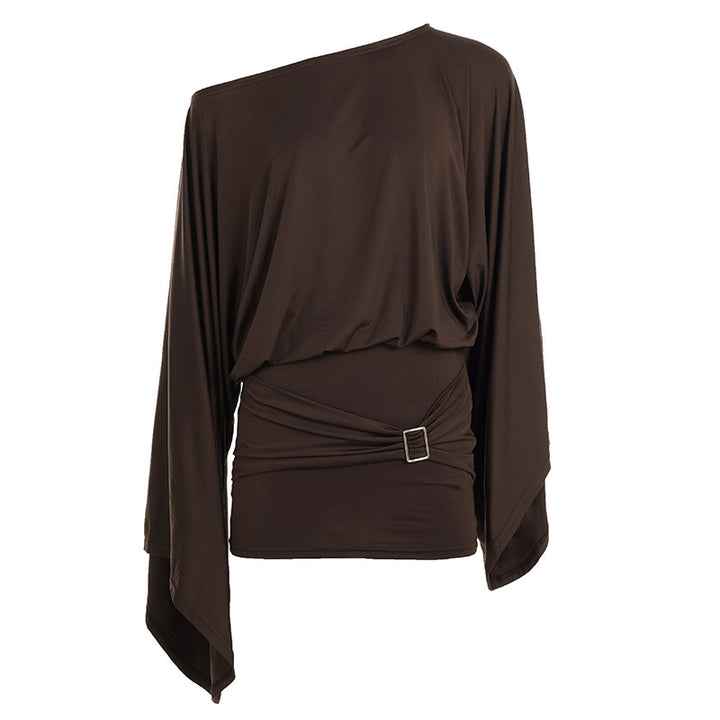 Damen Asymmetrisches Drapiertes One-Shoulder-Top mit Wasserfallärmeln und Taillengürtel Echo Archiv