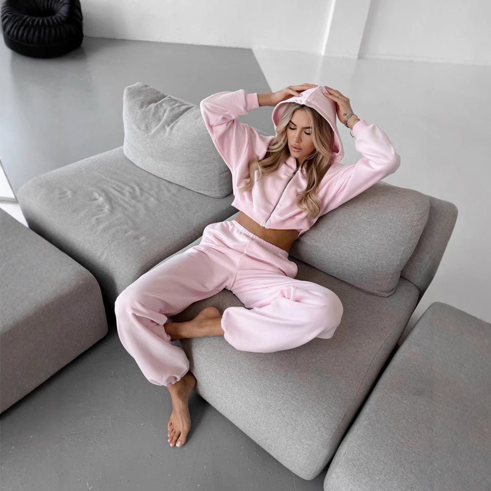 Damen kurzes Zip-Hoodie-Lounge-Set mit taillenhoher Relax-Sweathose – Auréline