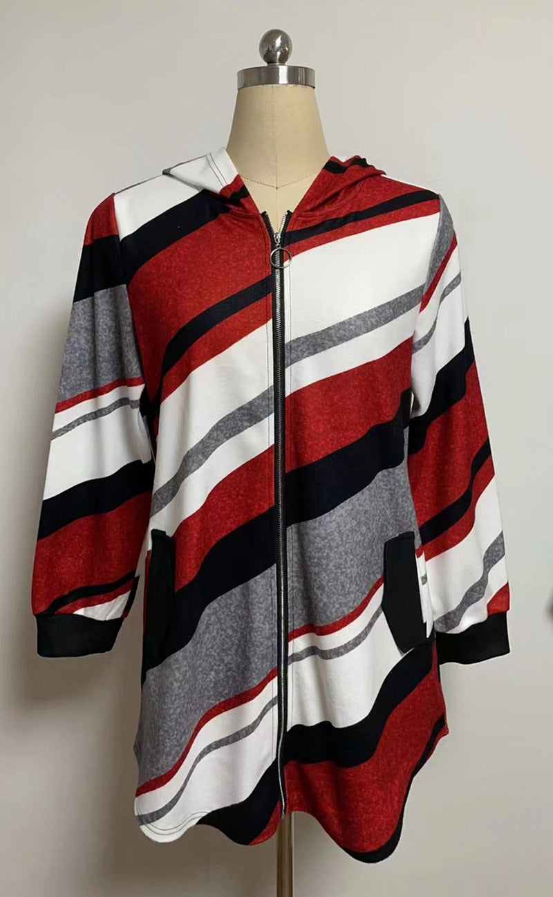Damen nan Longline-Kapuzenjacke mit diagonalem Streifenmuster, Ringreißverschluss und Seitentaschen Echo Archiv