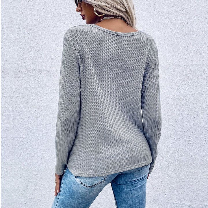 Damen Waffelstrick-Longsleeve mit V‑Ausschnitt und Knotenfront Echoarchiv